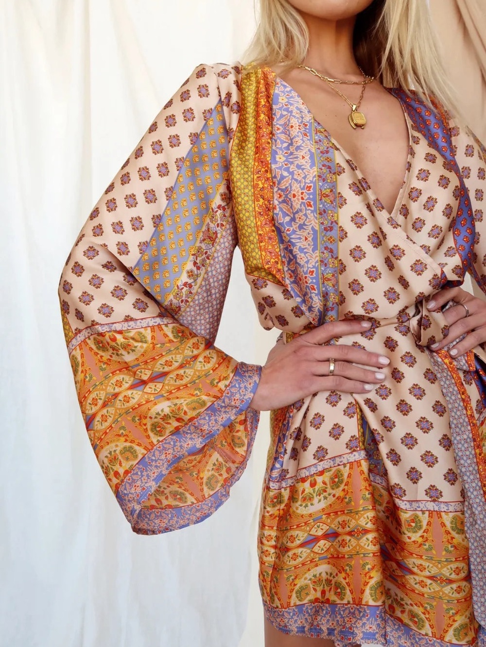 12th Tribe Lavender & Gold Patchwork Satin Kimono Dress - Picture 2 of 2
